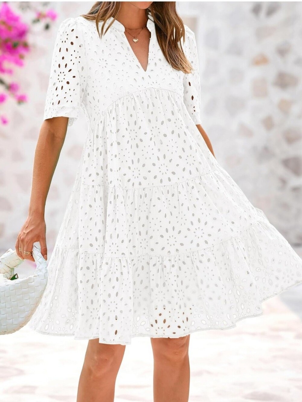 White Boho Embroidered Lace Eyelet Tiered Summer Mini Dress- Full & Plus Sizes - Picture 5 of 9